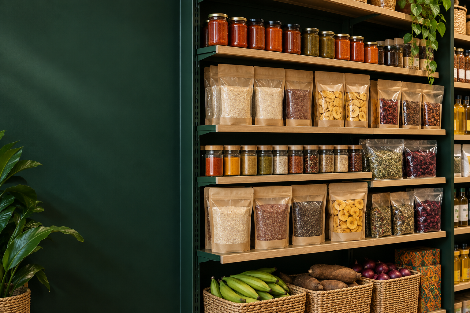 African food brands on a retail shelf
