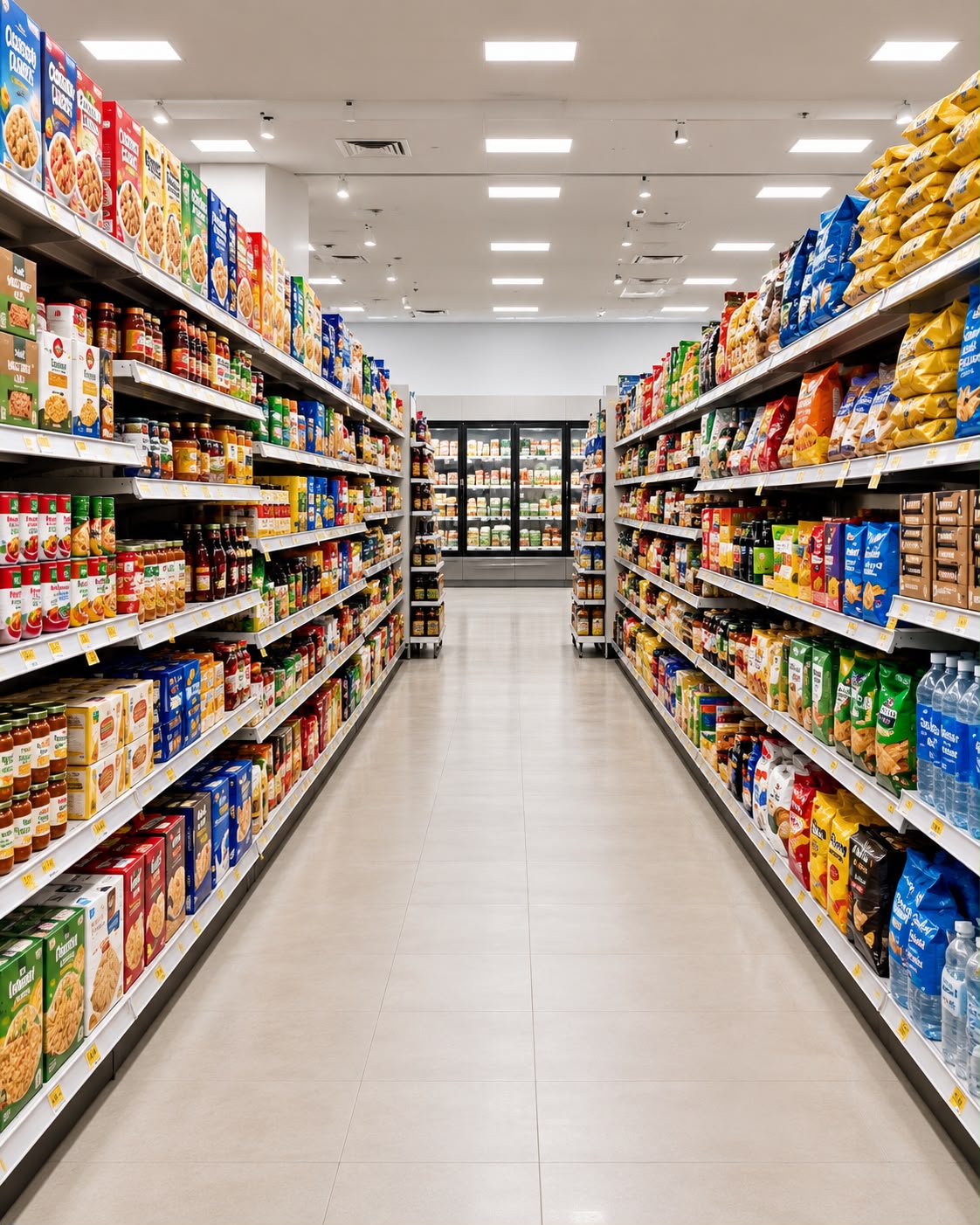 Supermarket aisle lined with stocked grocery shelves