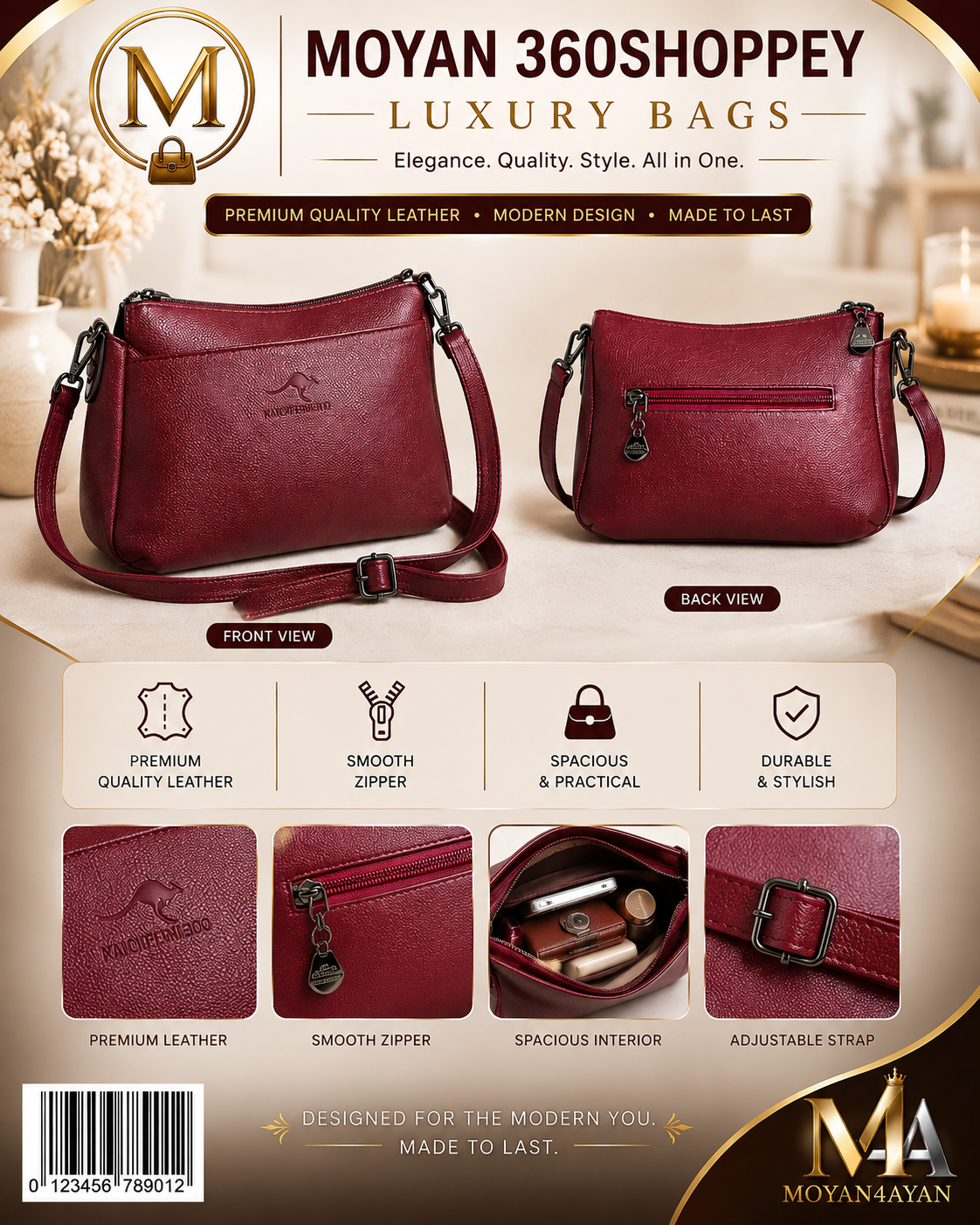 MOYAN 360SHOPPEY Luxury Women's Crossbody Shoulder Bag – Wine Red