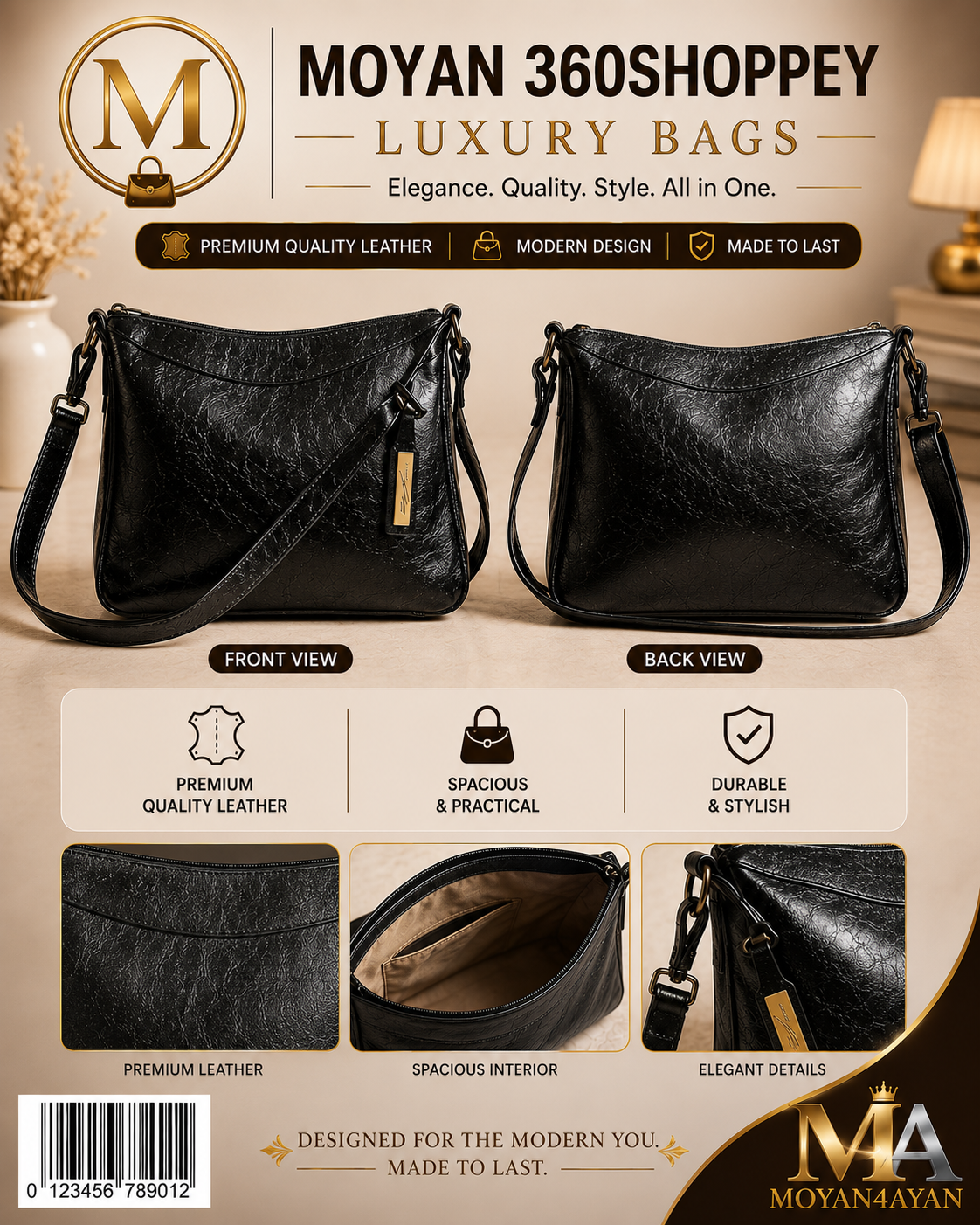 MOYAN 360SHOPPEY Luxury Women's Crossbody Shoulder Bag – Black