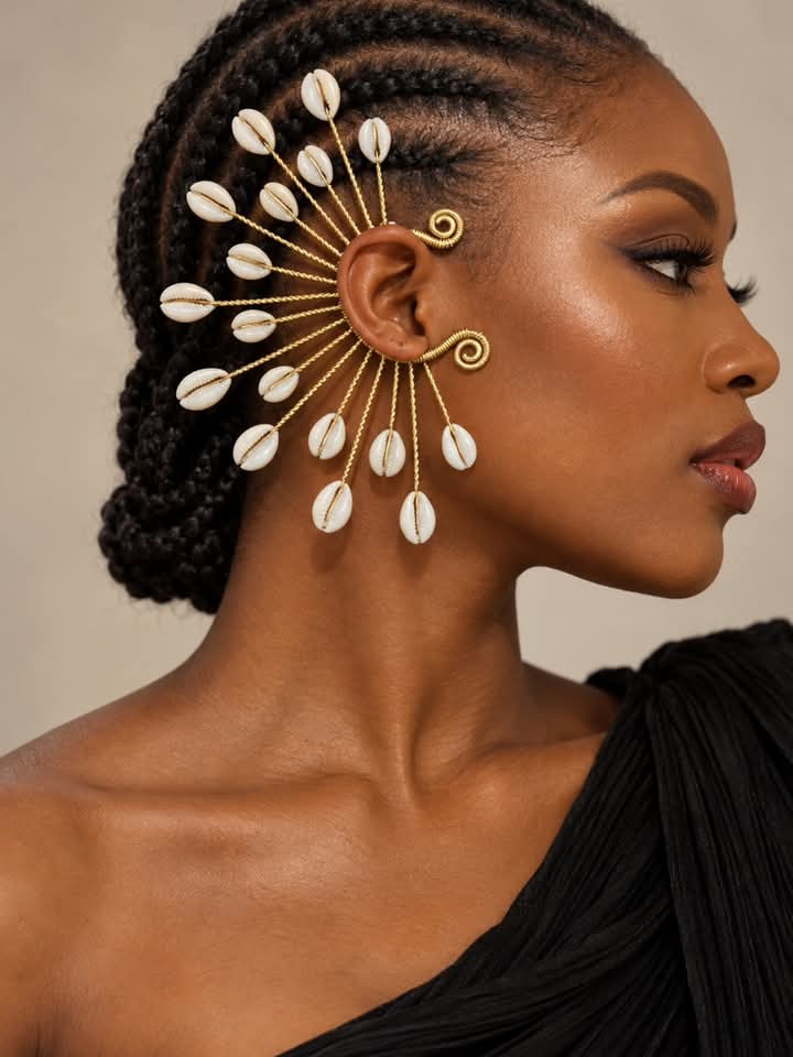 Handmade Cowrie Shell Ear Cuff, African Tribal Brass Ear Wrap, Boho Festival Accessory