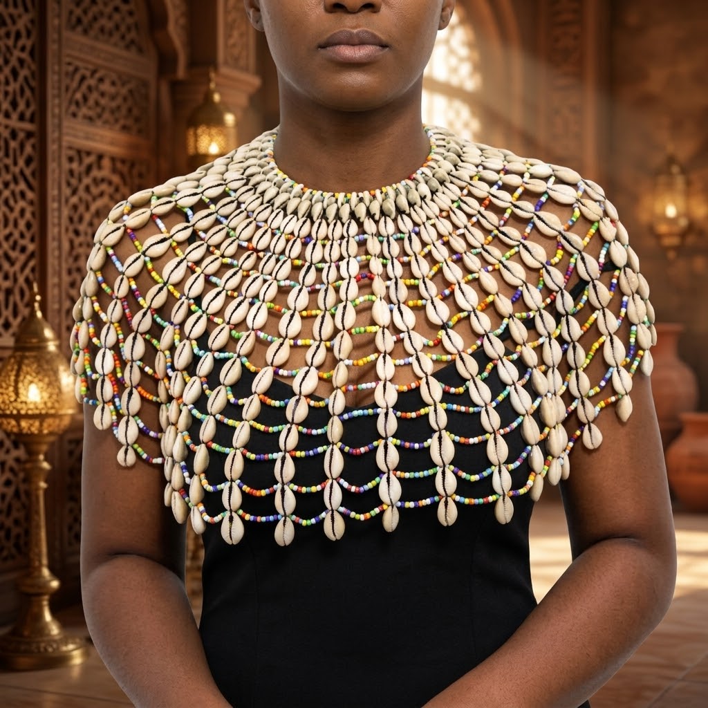 Handmade African Cowrie Shell Bib Necklace, Beaded Tribal Statement Jewelry