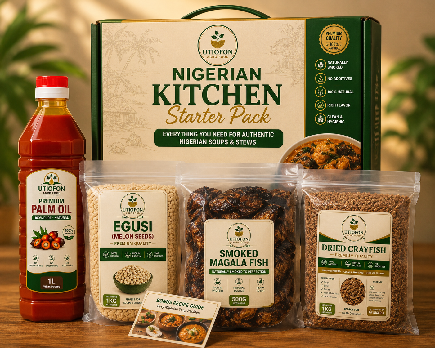 Nigerian Kitchen Starter Pack – Egusi, Crayfish, Smoked Magala Fish & Premium Palm Oil