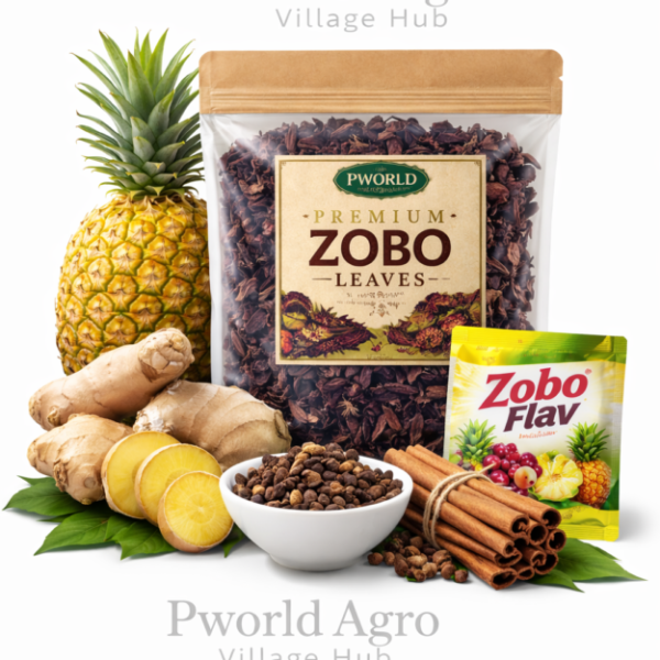 Zobo combo pack with dried zobo leaves, ginger, cloves, cinnamon sticks, pineapple and zobo flavour on white background